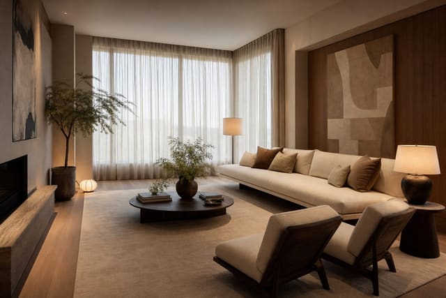 living room with adjacent window walls, floating sofa, low chairs, pale rug, and light-filtering curtains around a bright corner