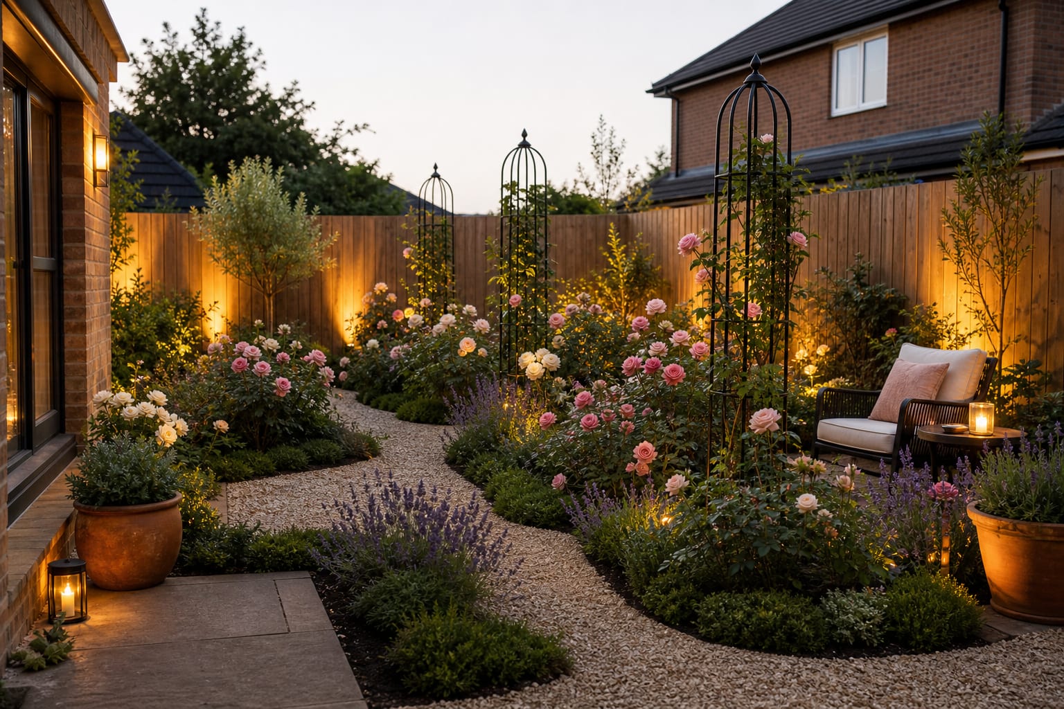 Rose garden from the same angle with gravel paths, repeated pink shrub roses, metal obelisks, low lavender edging, and layered companion planting.