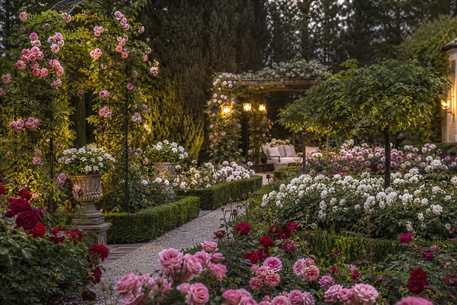 formal rose garden with gravel paths, clipped edging, climbing roses on arches, and repeated shrub roses in layered beds