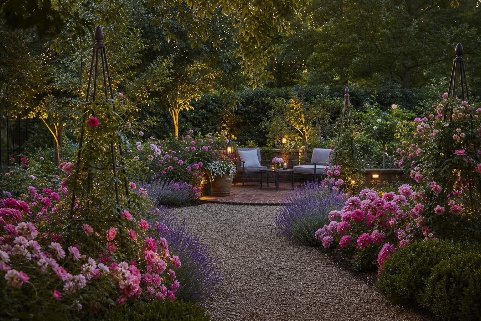 gravel rose garden path with pink shrub roses, lavender edging, steel obelisks, and a brick seating pad