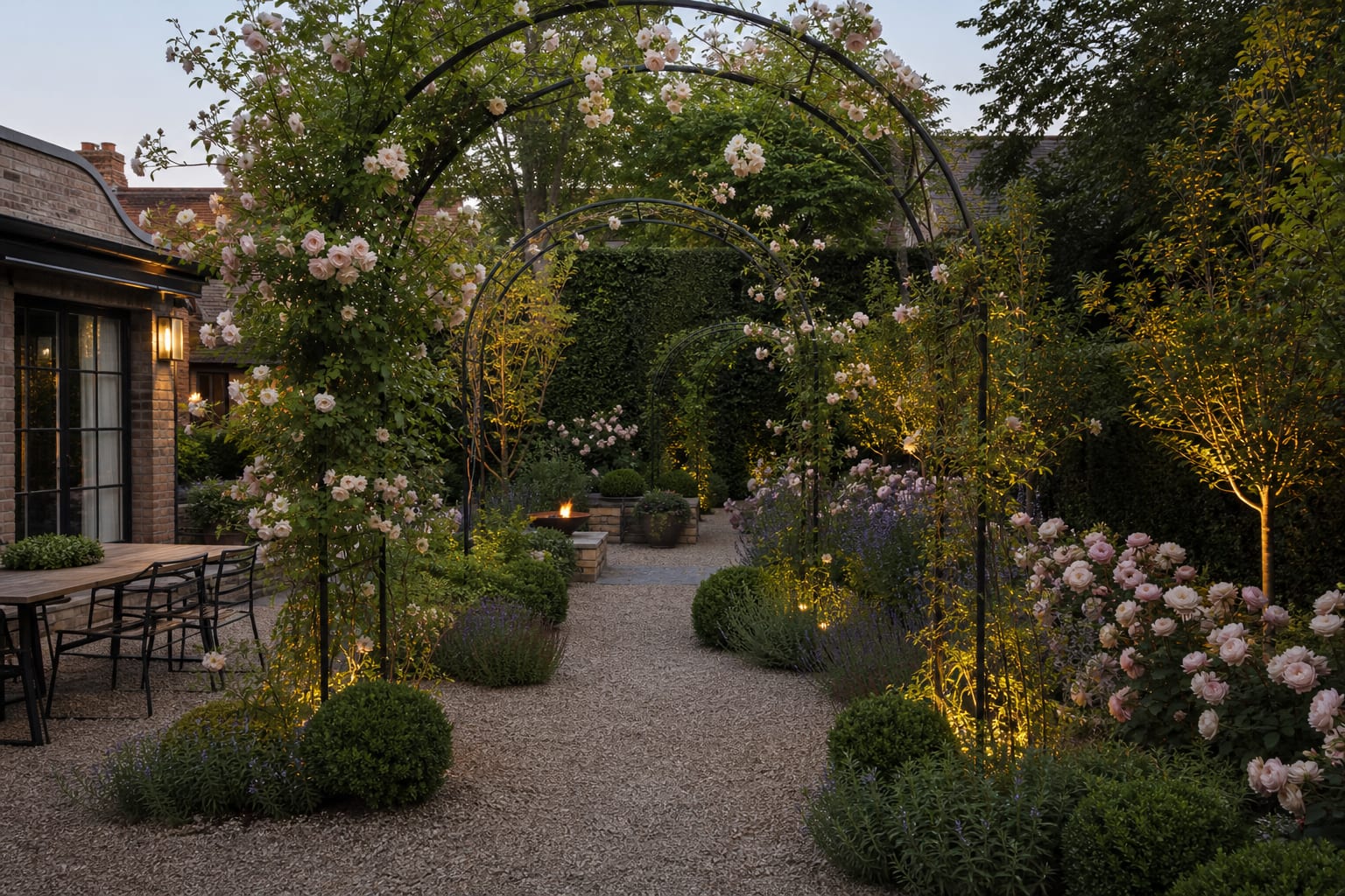 climbing roses trained on dark metal arches with repeated shrub roses, catmint, gravel paths, and warm low garden lighting