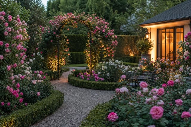 formal rose garden with gravel paths, clipped edging, climbing roses on arches, and repeated shrub roses in layered beds