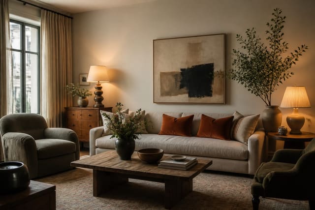 Editorial interior room illustrating the rule of odd numbers in interior design: why 3 is magic with warm natural light, layered styling, and realistic residential scale