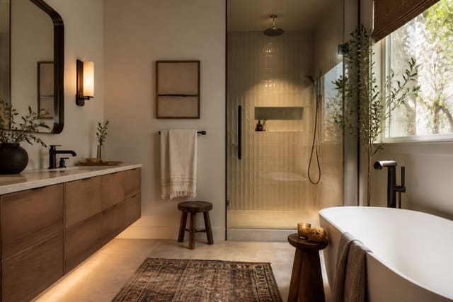 How to Save Money on a Bathroom Remodel Without Cutting Corners, shown as warm editorial Re-Design interior photography with layered materials and lighting