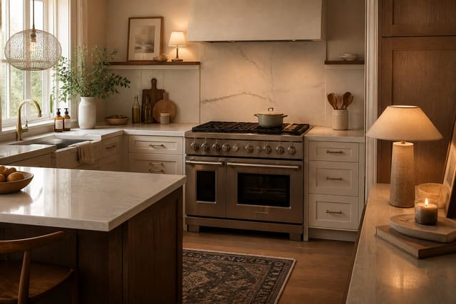 How to Save Money on a Kitchen Remodel Without Cutting Corners, shown as warm editorial Re-Design interior photography with layered materials and lighting