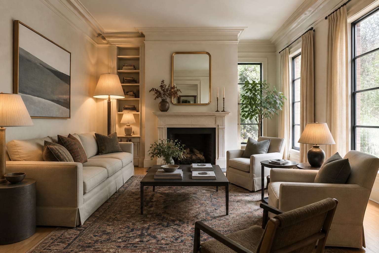 Scale and Proportion in Interior Design: Why Some Rooms Work and Others Don't, shown as warm editorial Re-Design photography of a living room demonstrating correct scale with a large rug, properly sized art, balanced lamps, and proportional furniture at believable residential scale, no overlaid text, no watermark