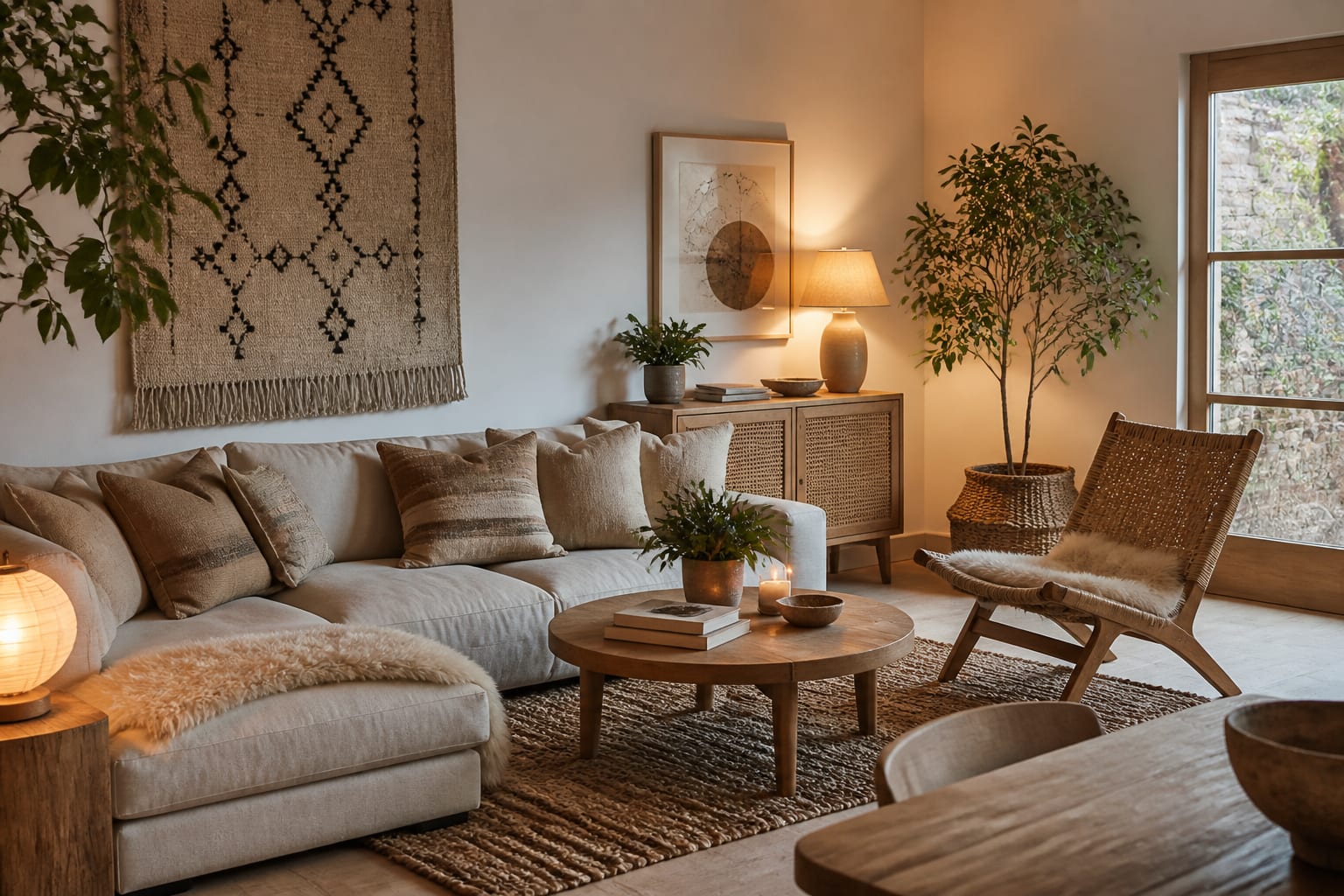 Scandi-Boho Interior Design: When Nordic Meets Free-Spirit, shown as warm editorial Re-Design photography of a Scandi boho living room with pale wood, woven texture, linen upholstery, plants, and restrained layered pattern at believable residential scale, no overlaid text, no watermark