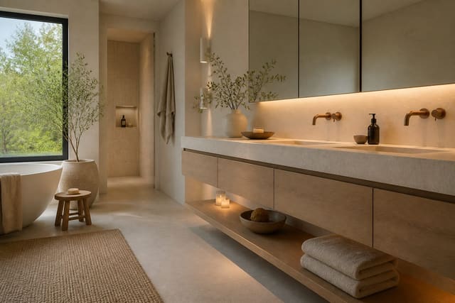Editorial interior photograph showing scandinavian bathroom ideas spa-inspired, white, and minimal.