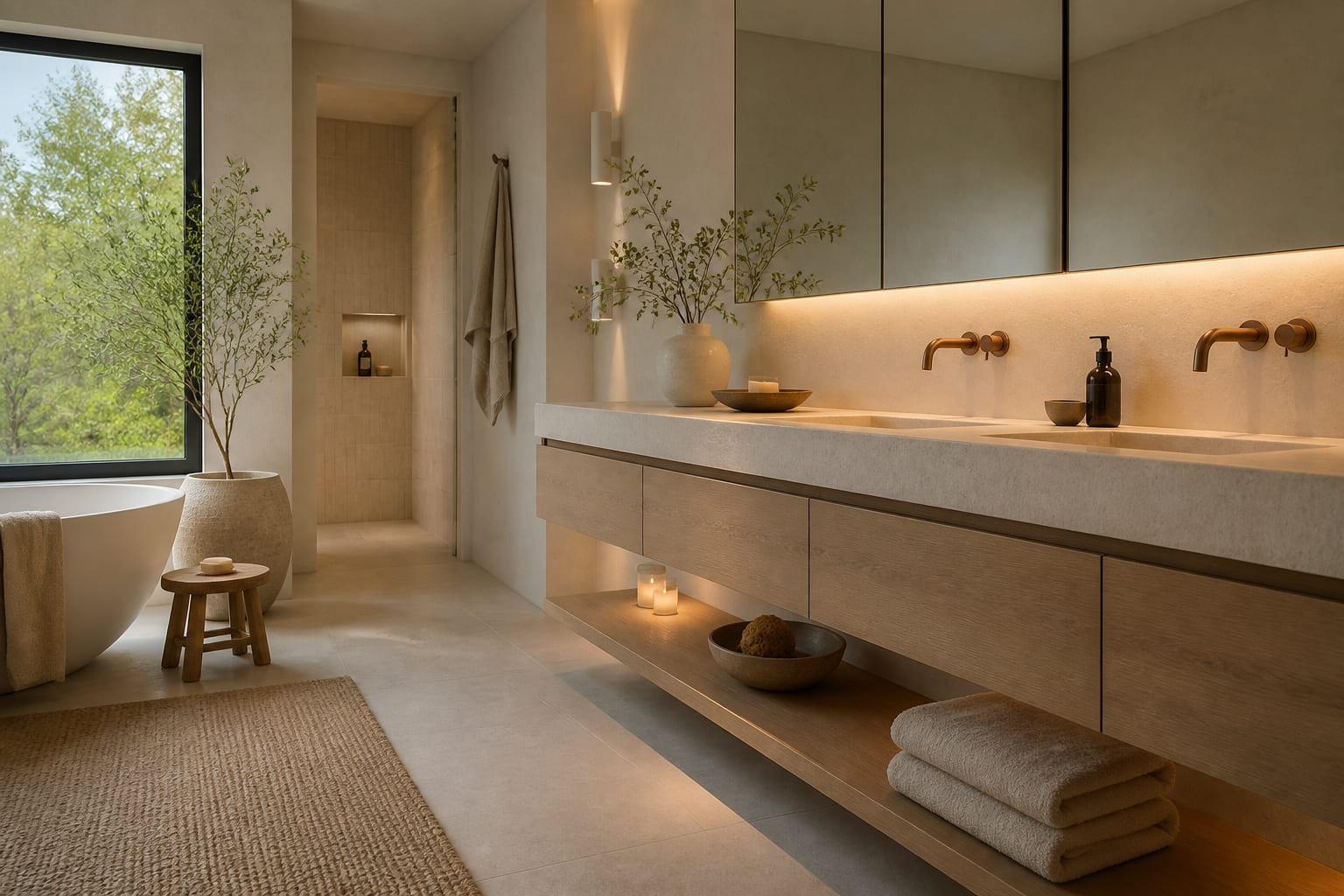 Editorial interior photograph showing scandinavian bathroom ideas spa-inspired, white, and minimal.