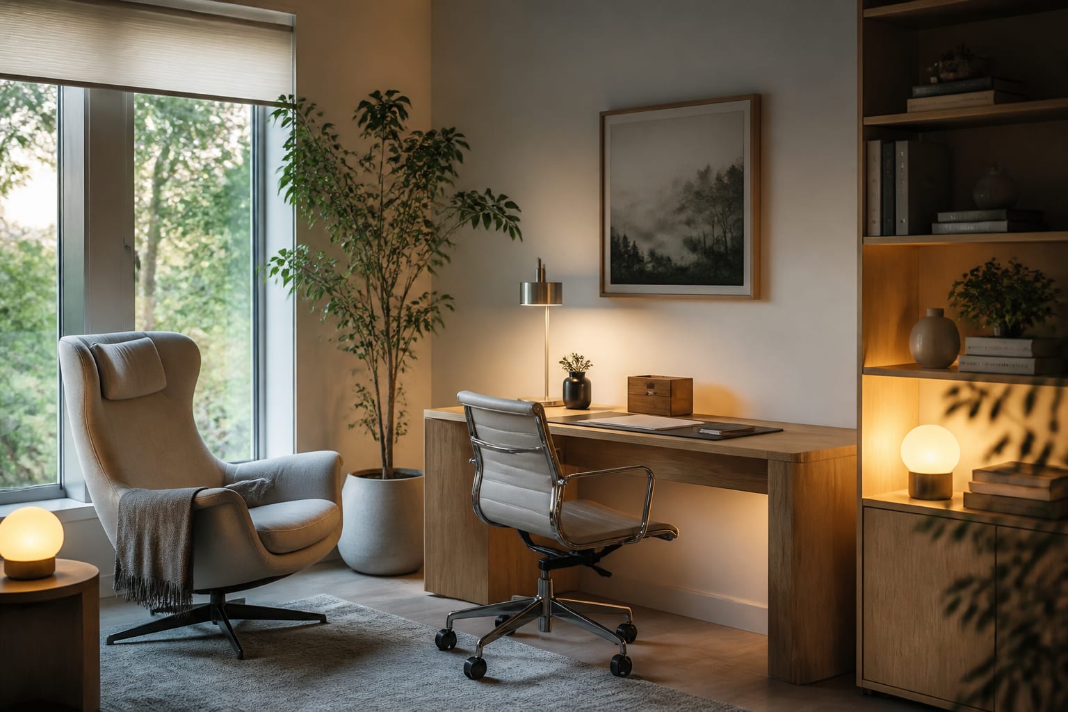 Editorial interior photograph showing scandinavian home office ideas that actually help you focus in a real home office, with scandinavian materials, layered warm lighting, styled furniture, and a magazine-quality residential composition.