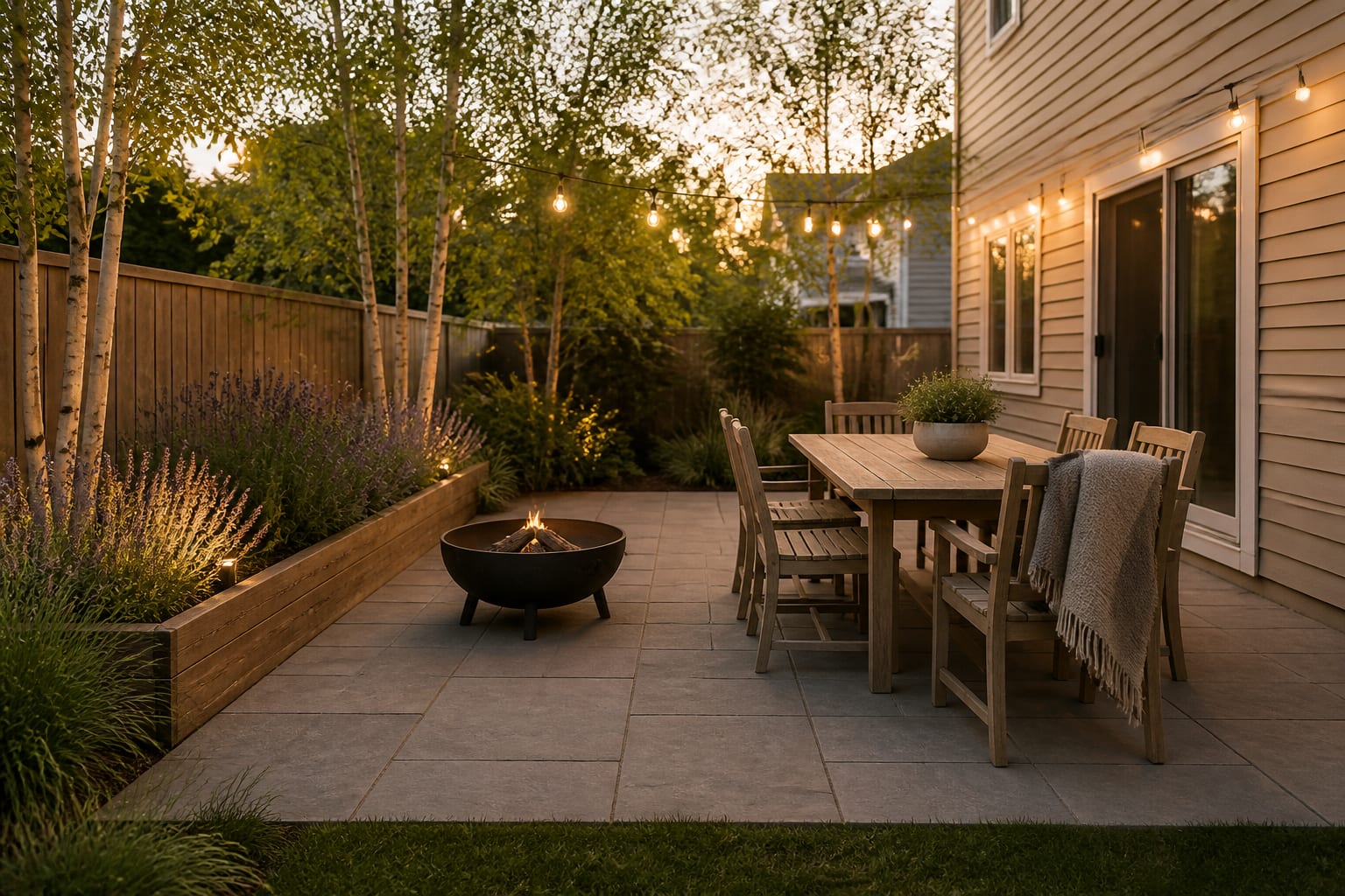 The same patio redesigned in Scandinavian style with teak furniture, stone pavers, cedar planters, and warm globe lighting