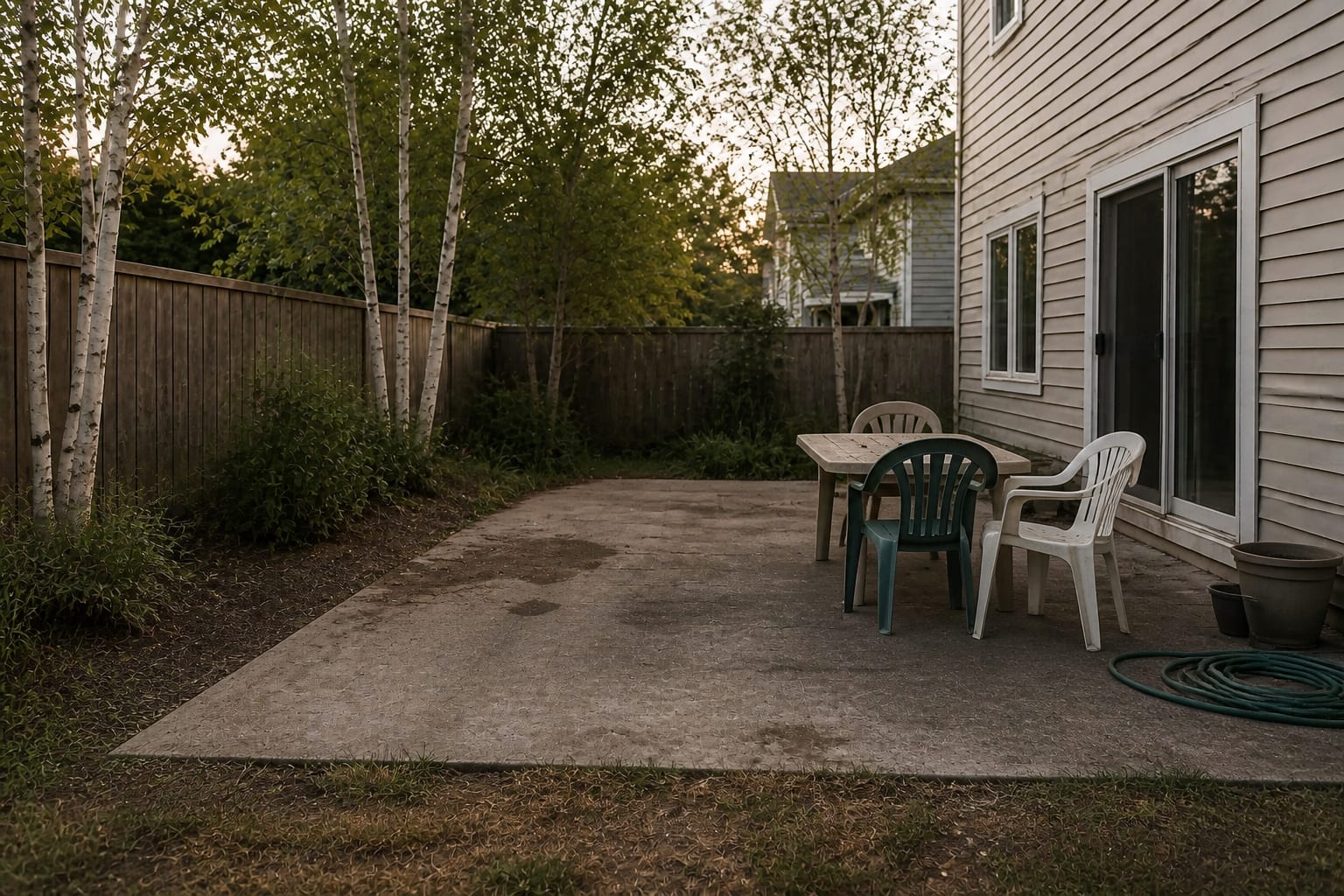 A plain concrete patio with mismatched plastic furniture, overgrown edges, and no defined seating area