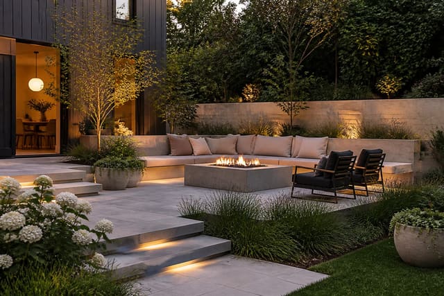Editorial outdoor photograph showing scandinavian outdoor ideas for a calm, considered exterior in a real garden, with scandinavian materials, layered warm lighting, styled furniture, and a magazine-quality residential composition.