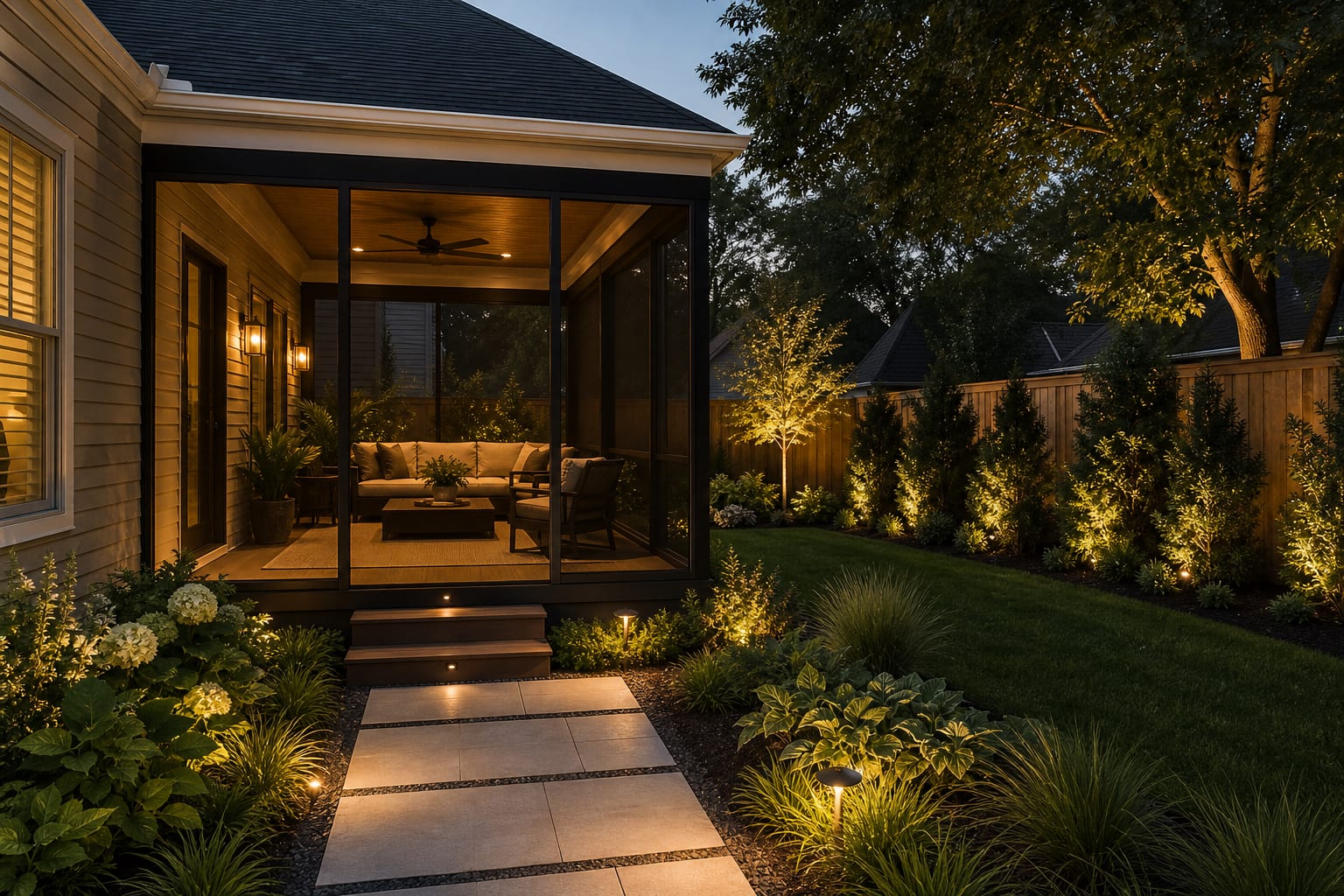 screened porch from the same angle with black mesh panels, woven lounge chairs, ceiling fan, warm sconces, and outdoor rug.