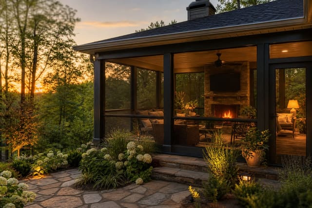 Screened-In Porch Ideas: Outdoor Living Without the Bugs shown as a photorealistic outdoor redesign with layered materials, planting, lighting, and clear circulation