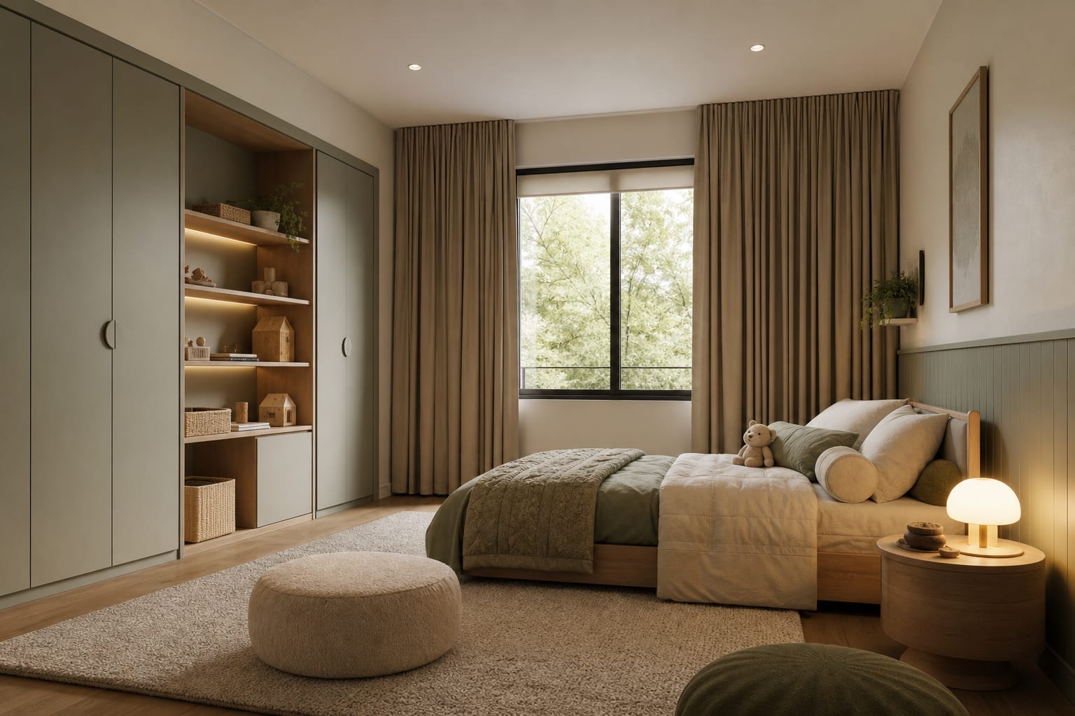 calm sensory-friendly child's bedroom with low bed, soft rug, blackout curtains, and closed storage in muted colors