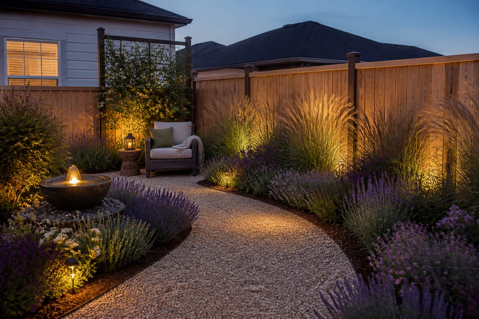 Same corner planted as a layered sensory garden with grasses, lavender, and a gravel path after redesign