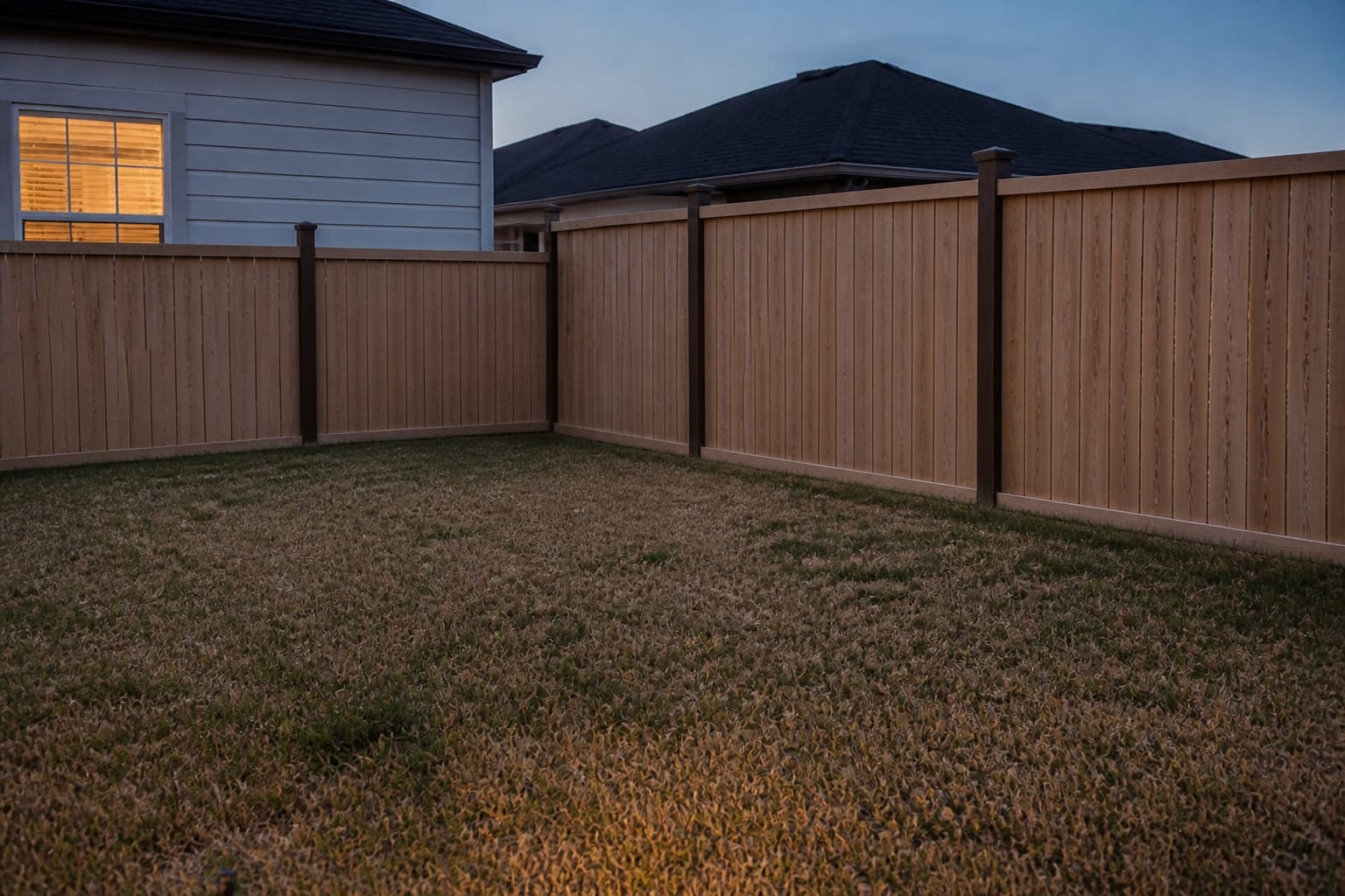 Flat empty lawn corner with a bare fence and no planting before a sensory garden