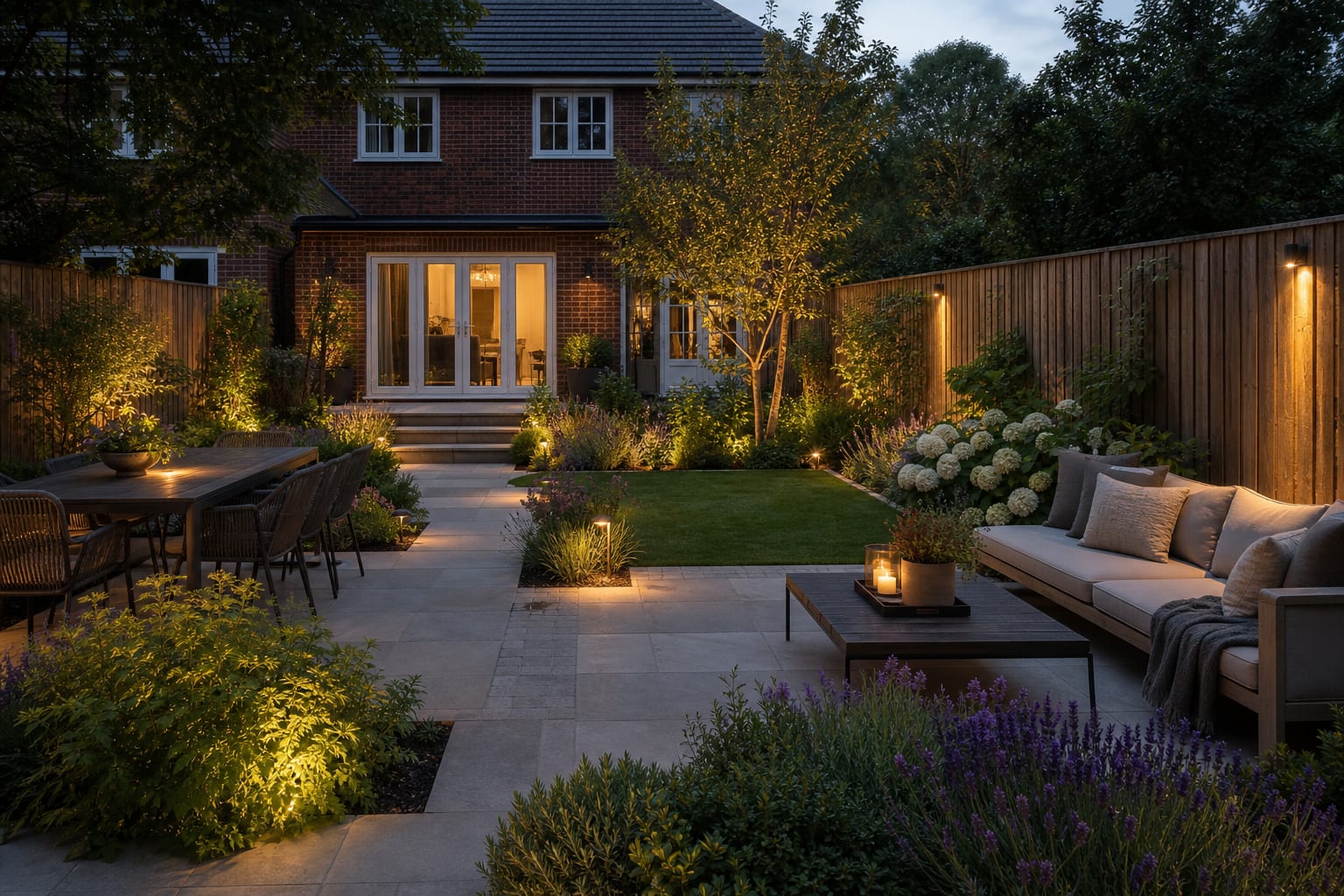 Layered shade garden beside the same fence with ferns, hostas, hellebores, pale foliage, and a narrow gravel path.