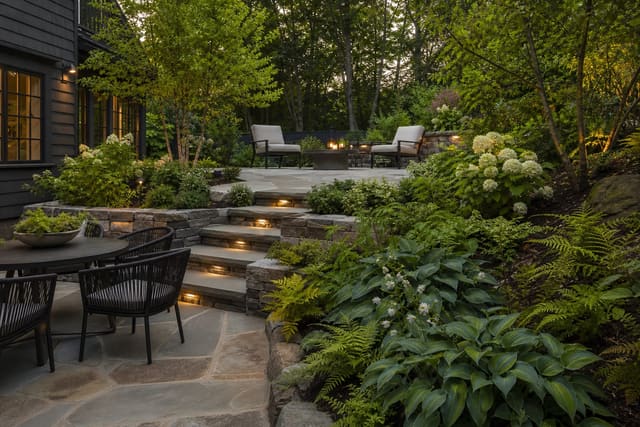 Shade Garden Ideas: Beautiful Planting for Dark Spots shown as a photorealistic outdoor redesign with layered materials, planting, lighting, and clear circulation