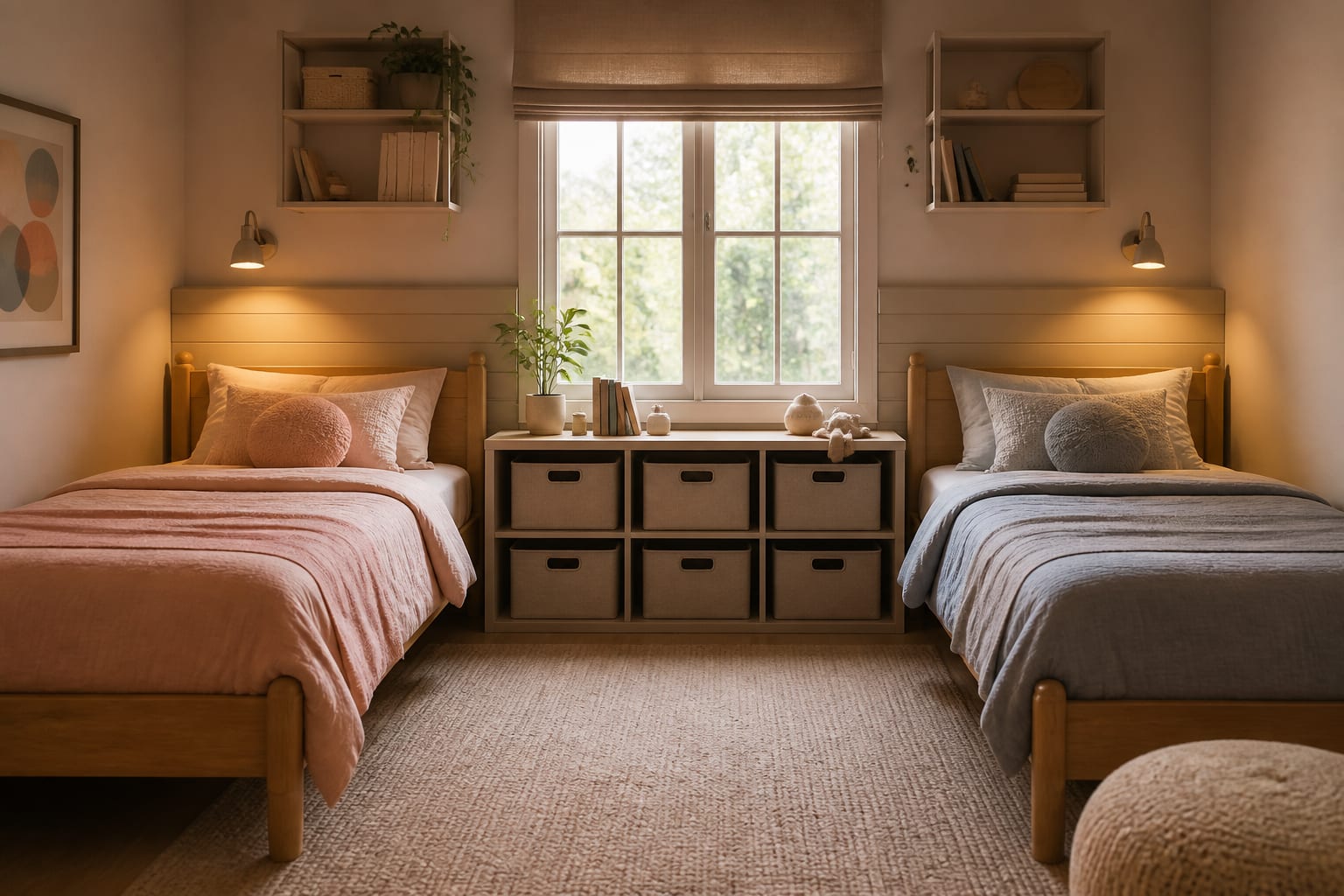 balanced shared children’s bedroom with twin beds, separate reading lights, soft storage bins, and two distinct bedding colors