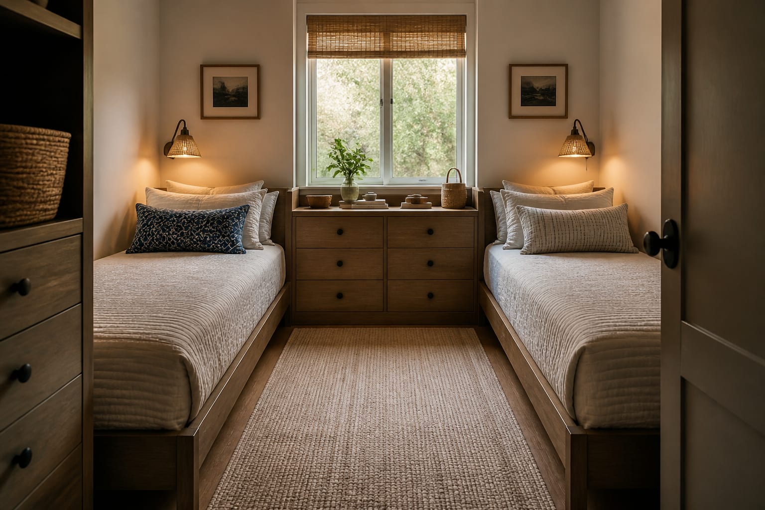 shared sibling bedroom with opposite twin beds, separate wall lights, labeled drawers, and one calm central walking path