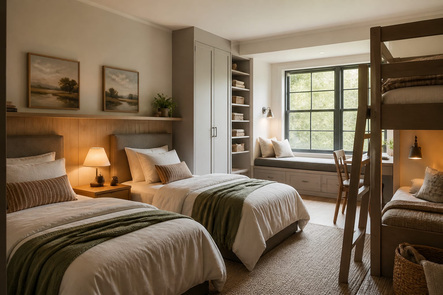 AI preview of a balanced two-child bedroom with bunk option, separate storage zones, and warm bedside lighting