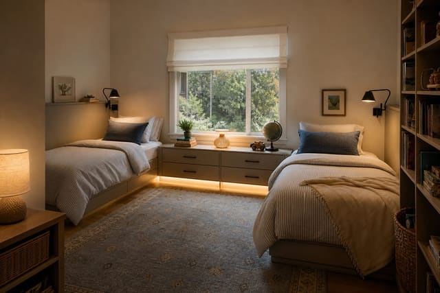 A shared kids bedroom with two twin beds on parallel walls, matching storage, and personal reading sconces