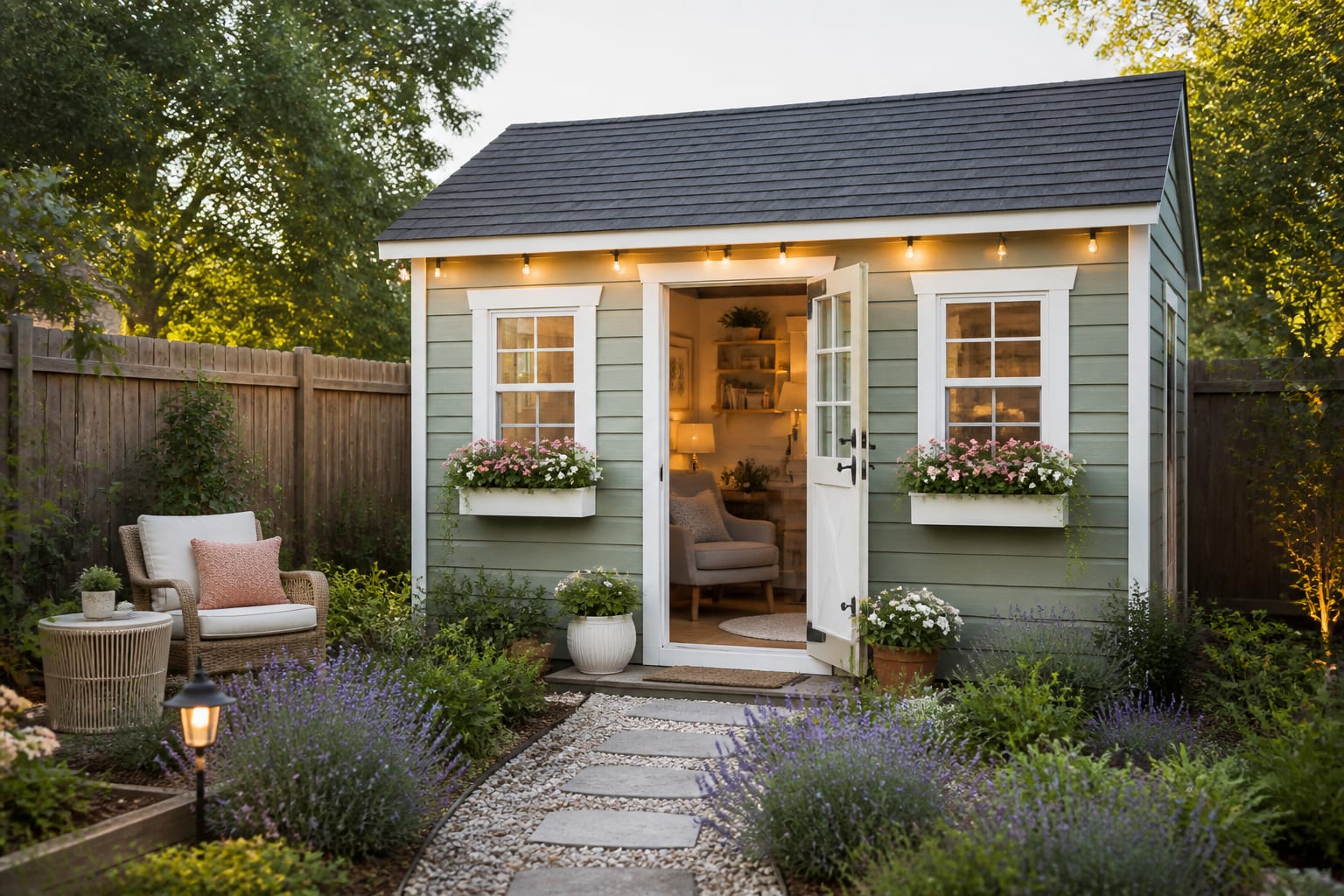 The same backyard shed redesigned as a cozy she shed with painted siding, a half-glass door, flower boxes, larger windows, and a styled retreat interior.