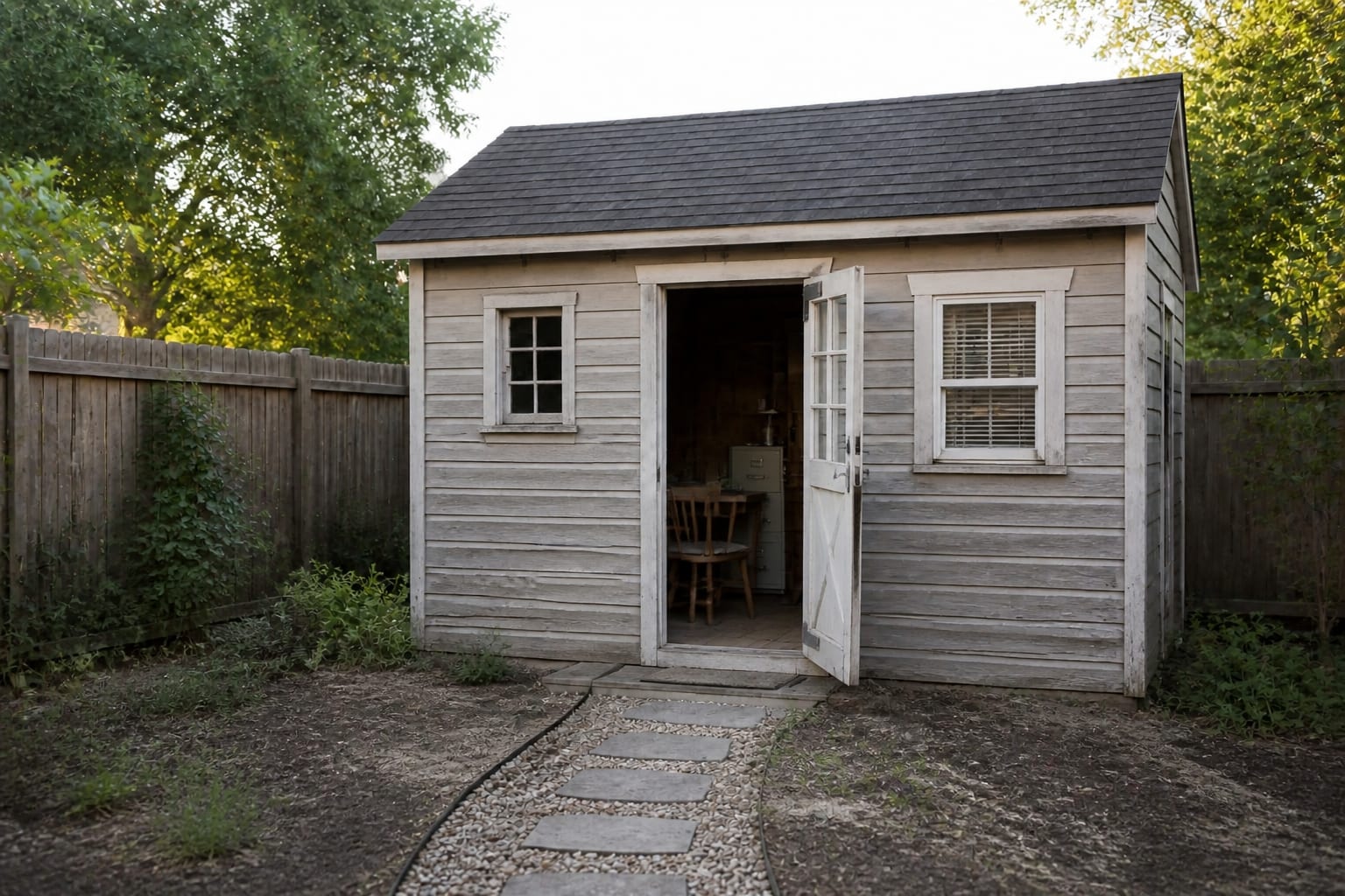 A neglected backyard wooden shed with weathered gray siding, a small dark window, cluttered interior, and a bare dirt path before any redesign.