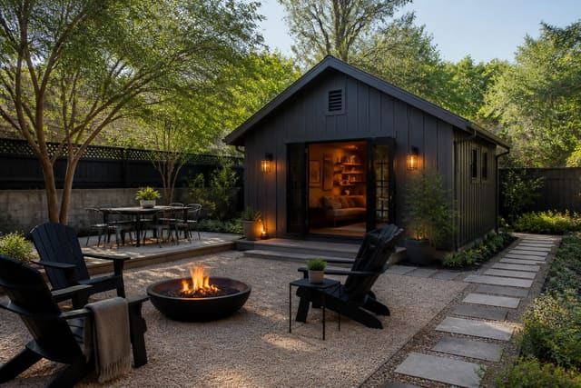 Editorial outdoor photograph showing she shed ideas for a backyard retreat that earns its footprint in a real shed, with believable residential landscaping, layered outdoor lighting, functional zones, weatherproof furniture, and a magazine-quality composition.