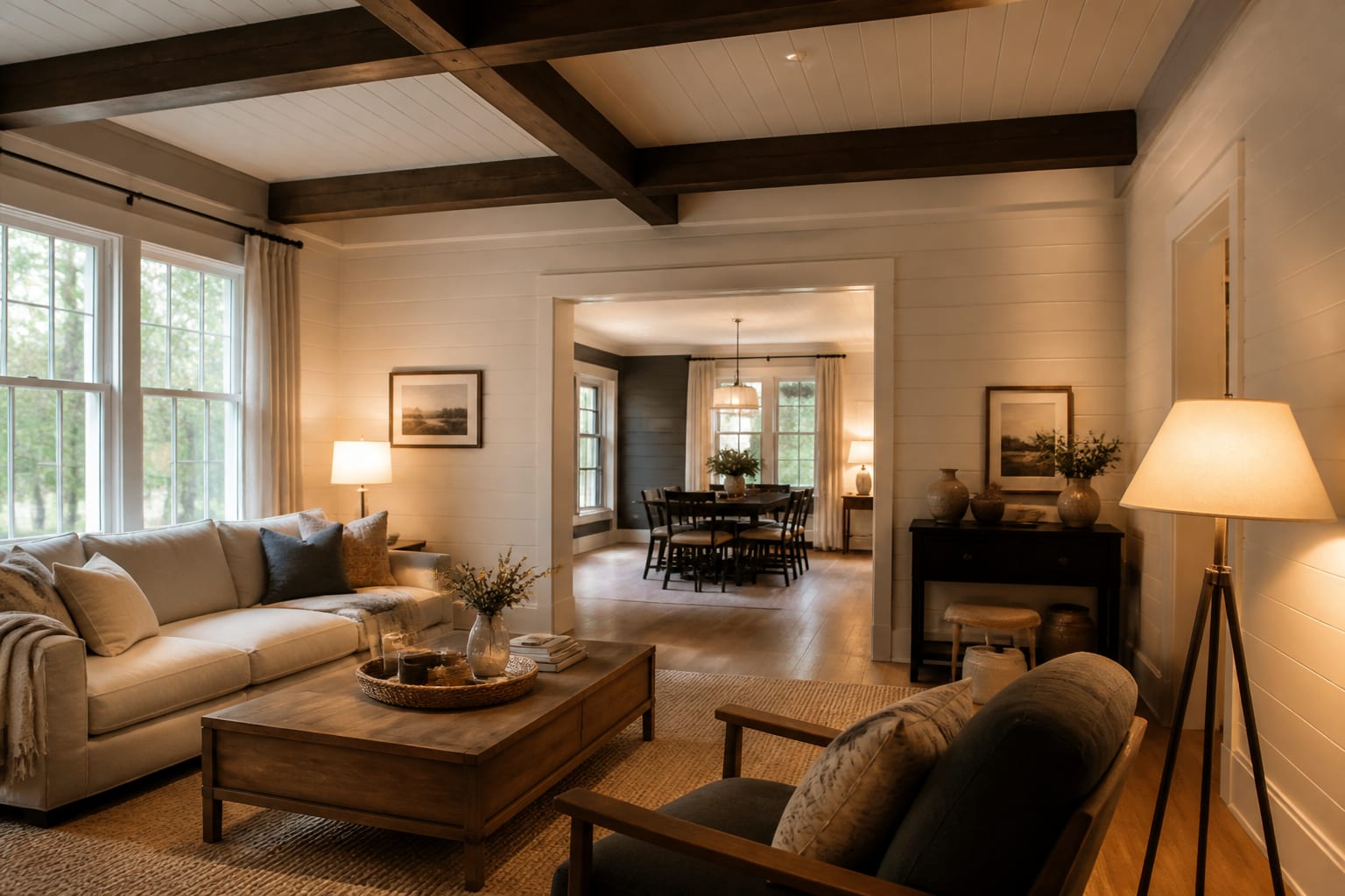 Editorial interior photograph showing shiplap ideas: orientation, rooms, and colors that work in a real whole home, with warm residential materials, layered lighting, functional furniture placement, and a magazine-quality composition.