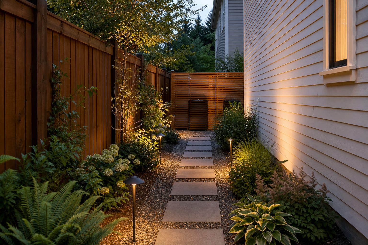 same narrow side yard with gravel path, rectangular stepping stones, slatted bin screen, layered planting, and low warm path lights