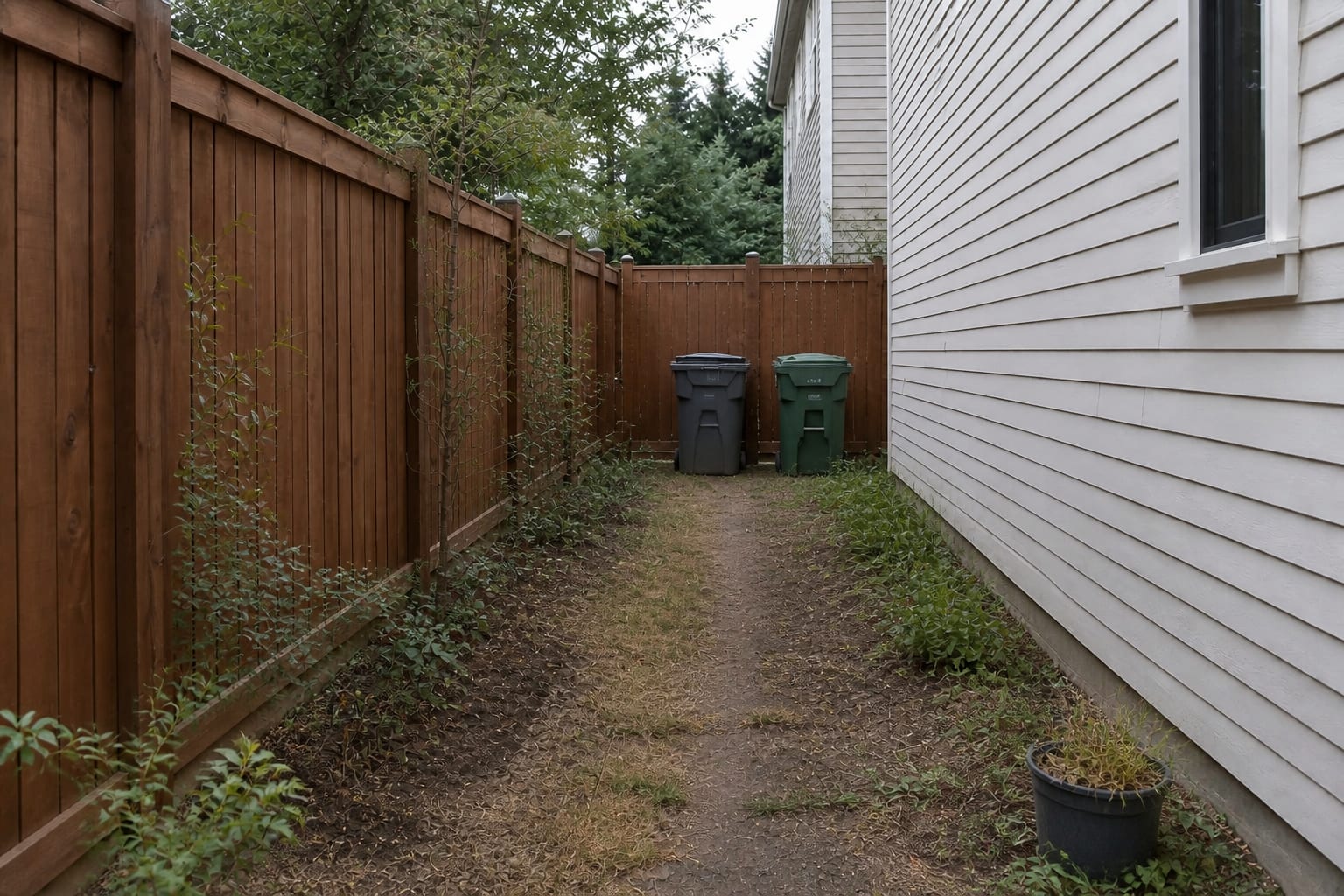 narrow side yard with patchy weeds, exposed trash bins, muddy soil, and no finished walking surface between two house walls