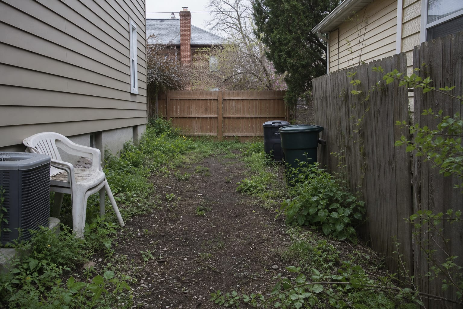 narrow side yard with patchy weeds, exposed trash bins, muddy soil, and no finished walking surface between two house walls