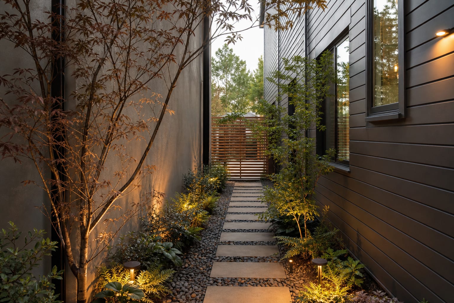 narrow side yard transformed with stepping stones, layered planting, slatted screening, and warm low path lights between houses