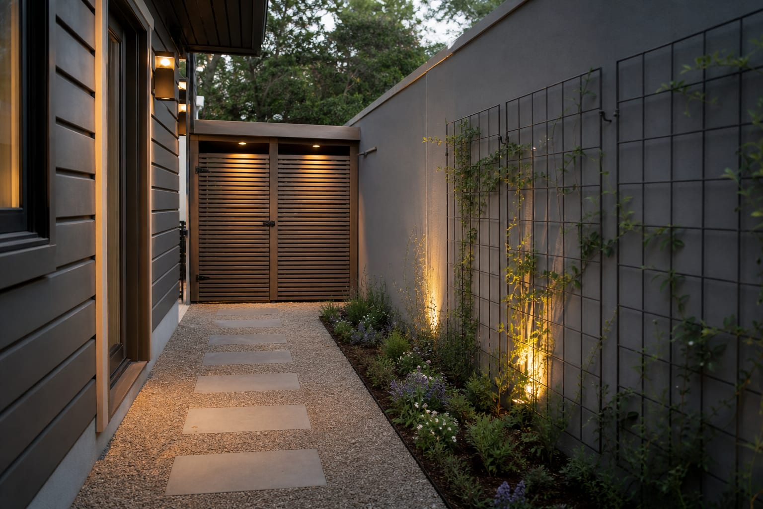 side yard path with gravel, rectangular pavers, wall trellis, narrow planting bed, and screened utility storage