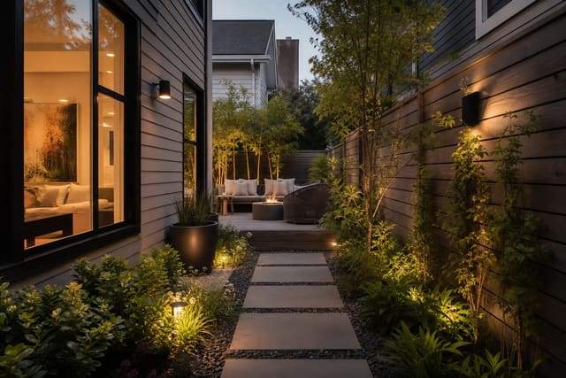 Side Yard Ideas: Transforming the Forgotten Strip Between Houses shown as a photorealistic outdoor redesign with layered materials, planting, lighting, and clear circulation