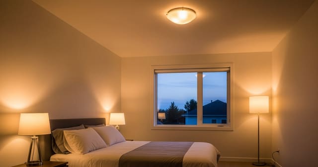 A bedroom with one window lit by symmetric bedside lamps, a diffused ceiling fixture, and a corner floor lamp