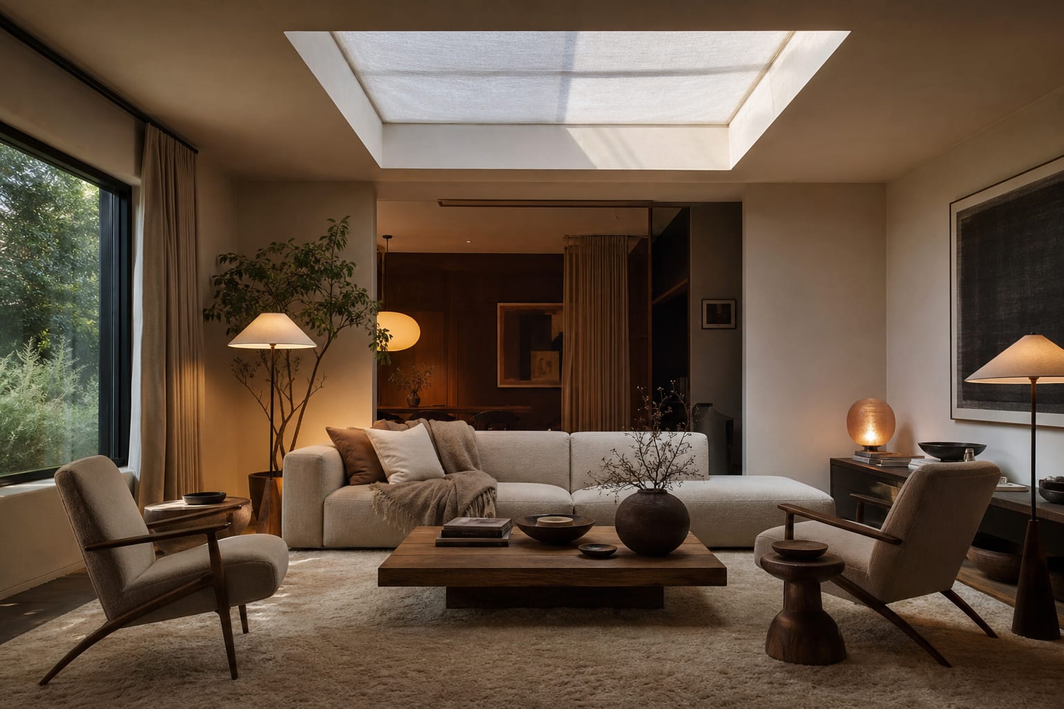 living room with a shaded skylight, low linen sofa, wool rug, and glare-safe reading chairs arranged outside the sun patch