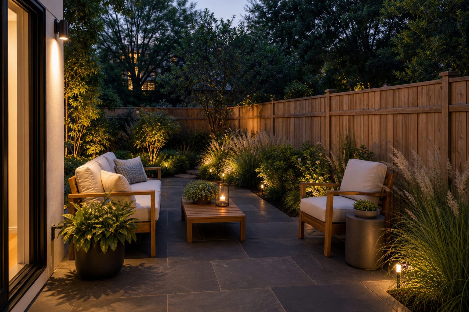 refined slate patio with large dark stone slabs, teak seating, pale cushions, and layered grasses at the edge