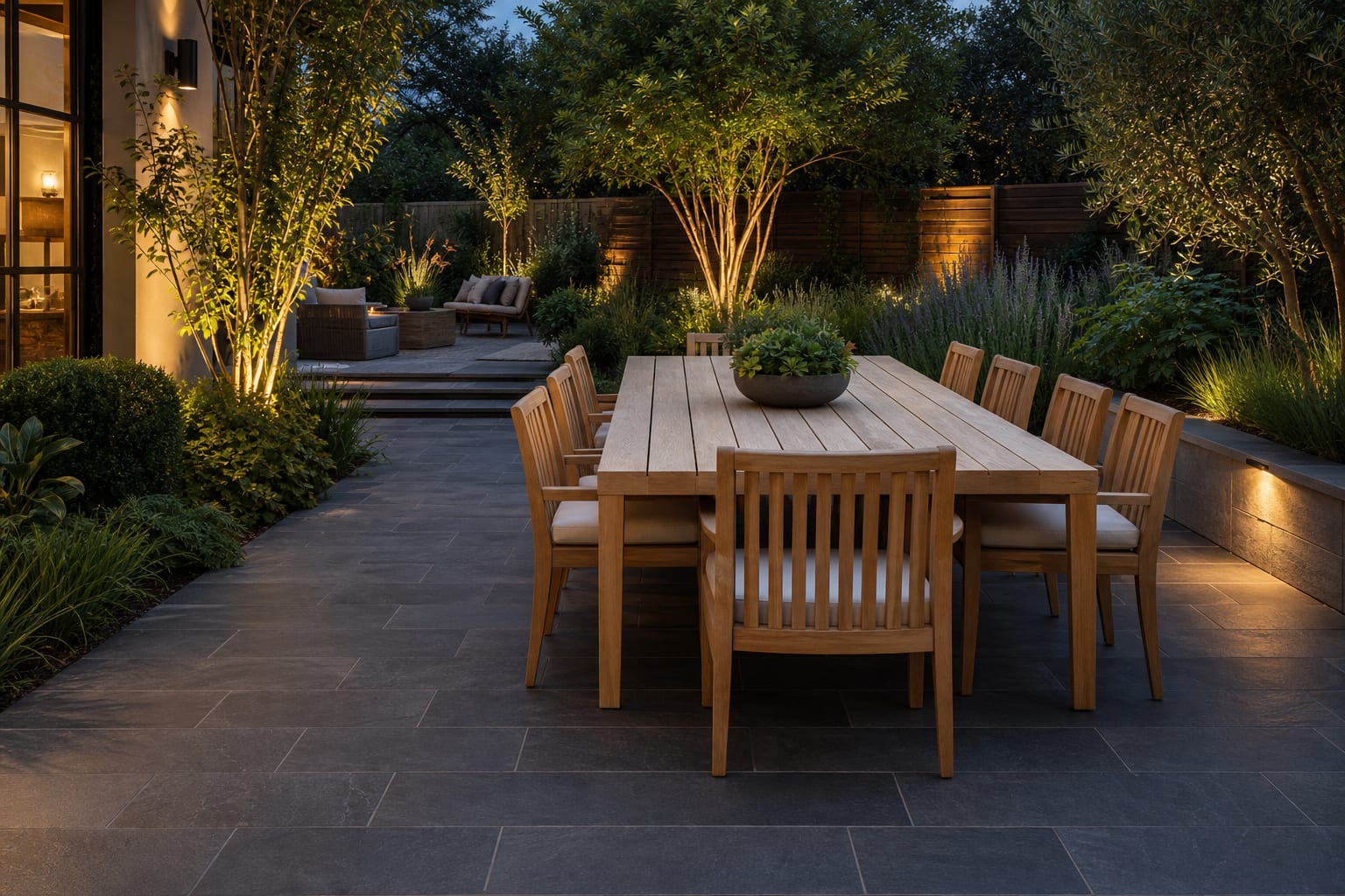 rectangular dark slate patio laid in a running bond pattern with teak dining furniture and soft planting along the border