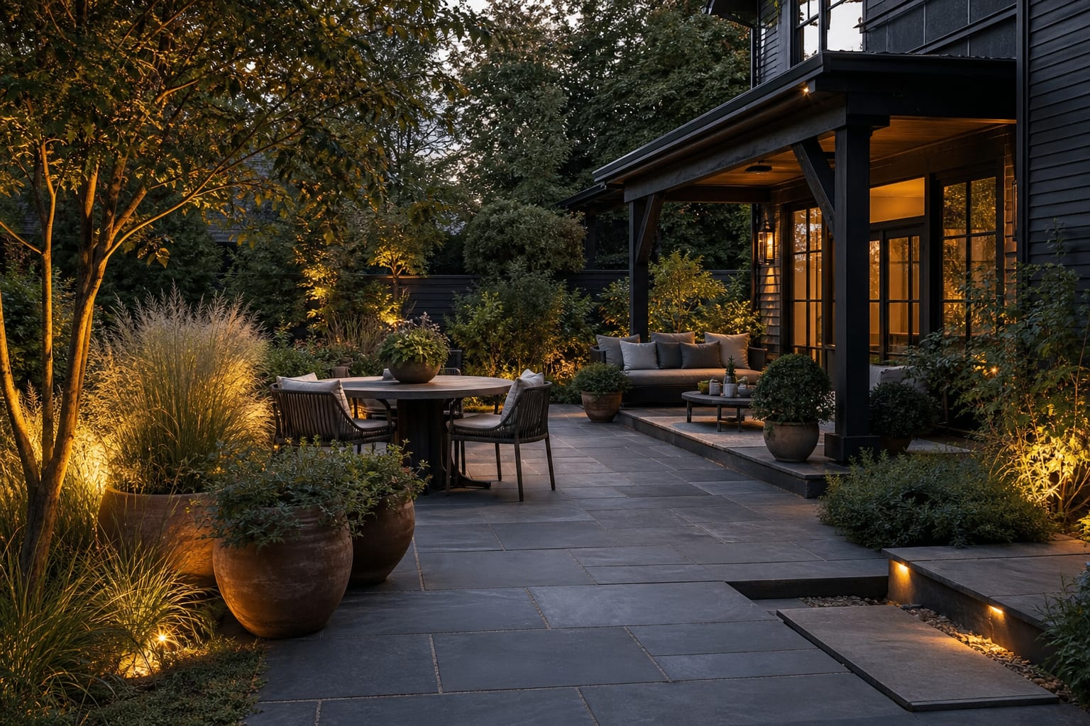 dark slate patio at dusk with warm path lighting, clay planters, and pale grasses softening the hardscape edge