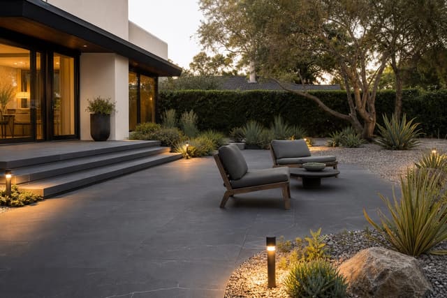 dark slate patio with low lounge chairs, pale gravel planting beds, and warm path lights beside a simple modern home