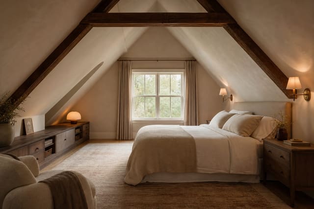 attic bedroom with bed placed under the higher ceiling, low eave storage, warm sconces, and soft neutral bedding