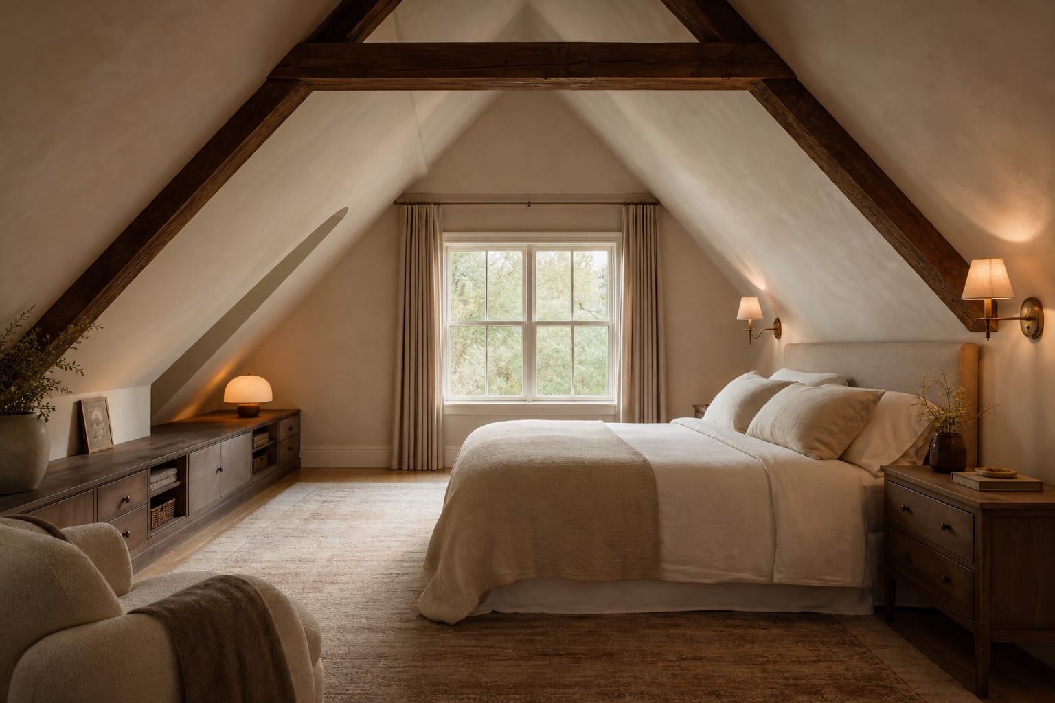 attic bedroom with bed placed under the higher ceiling, low eave storage, warm sconces, and soft neutral bedding