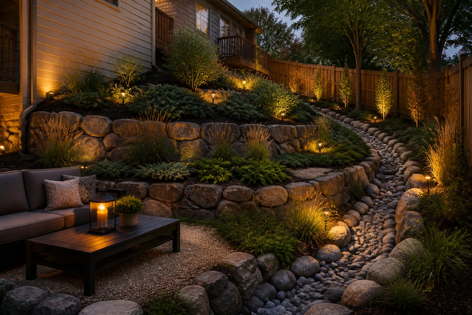Same slope terraced into level planted beds with a low boulder wall and groundcover after redesign