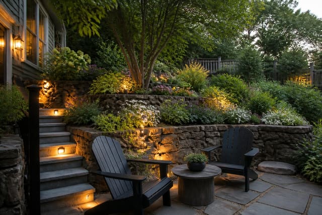 Sloped Yard Landscape Design: Terracing, Retaining, and Planting, shown as warm editorial Re-Design photography with believable residential scale, natural light, clear material detail, no overlaid text, no watermark