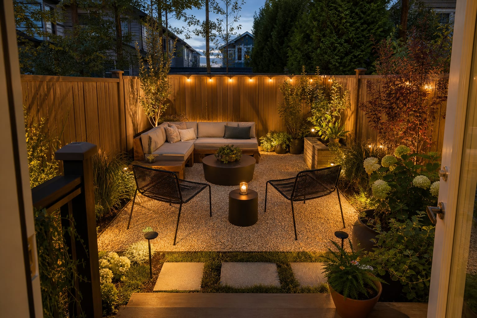 Same narrow backyard angle with gravel paving, a built-in timber bench, layered shrubs, slim chairs, and warm string lights.