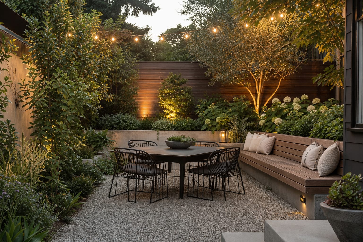 compact backyard with built-in bench seating, gravel paving, layered planting, and warm string lights around a small dining table